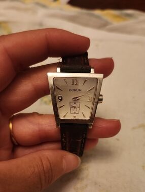 Corum Womens  Silver Trapezoid Dial Watch with Brown Leather Strap